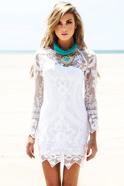 Long Sleeve Lace Cover-Up Dress - White– Haute & Rebellious