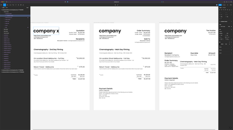 This is an image of Figma Page with a comprehensive suite of documents for quoting and invoicing customers in your creative business
