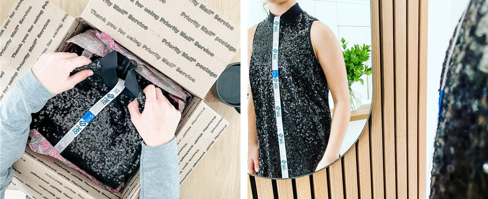 Dress shipped with a return tag Return tag on dress prevent e-commerce wear and return wardrobing 360 ID Tag