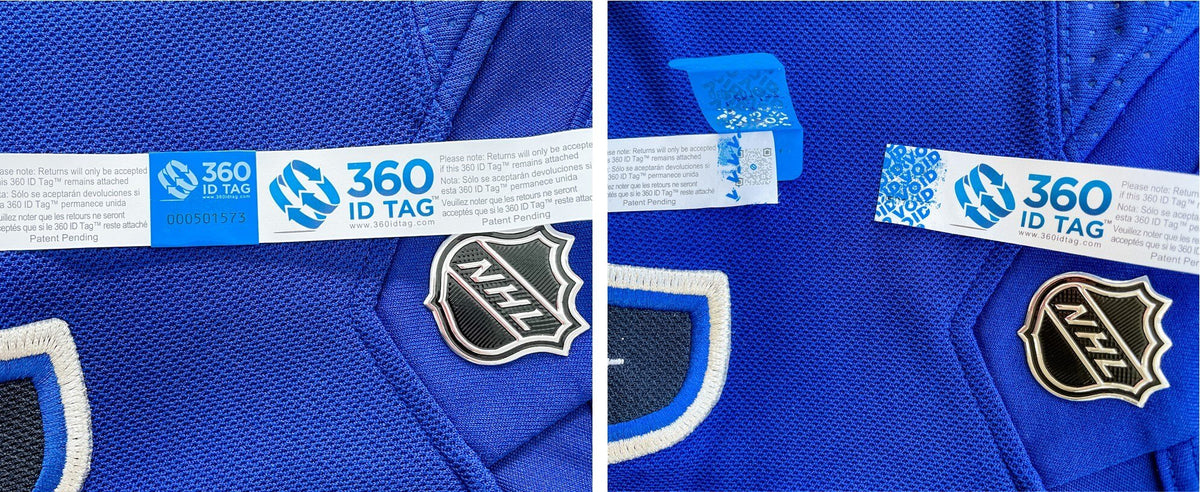 Prevent fake jersey switches. Return tag tamper-evident security seals reveal VOID pattern prevent wear and return wardrobing fraud 360 ID Tag