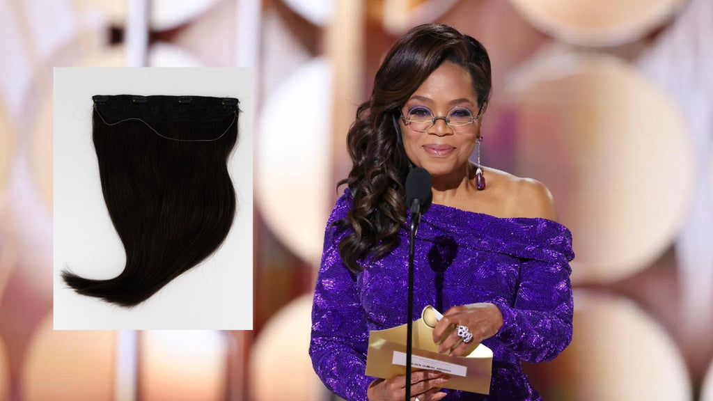 Frontrow clip-in halo hair extensions next to Oprah Winfrey hairstyle look at Golden Globes