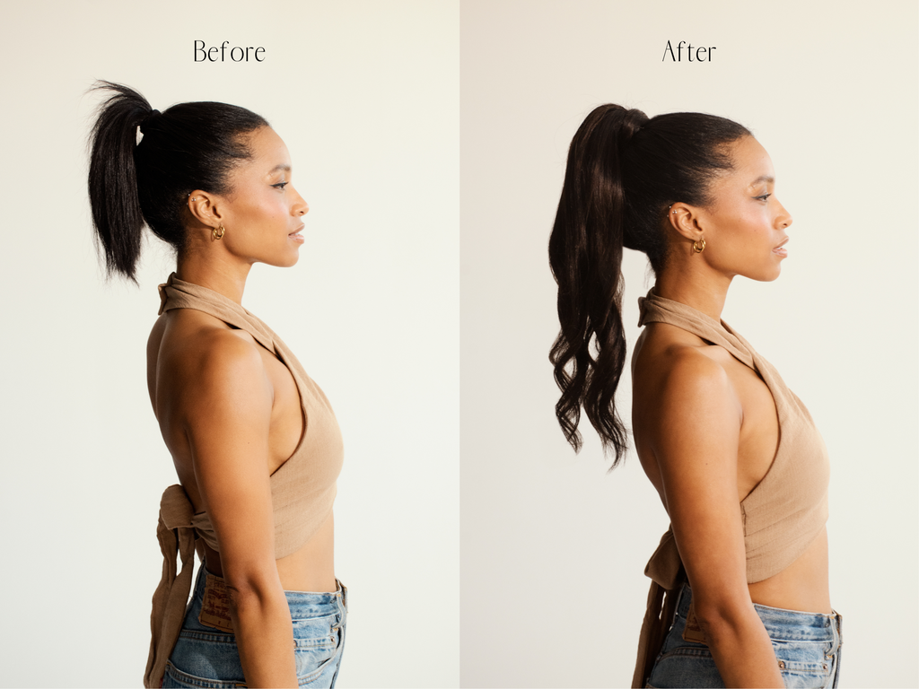 Before and after Frontrow clip-in ponytail hair extensions