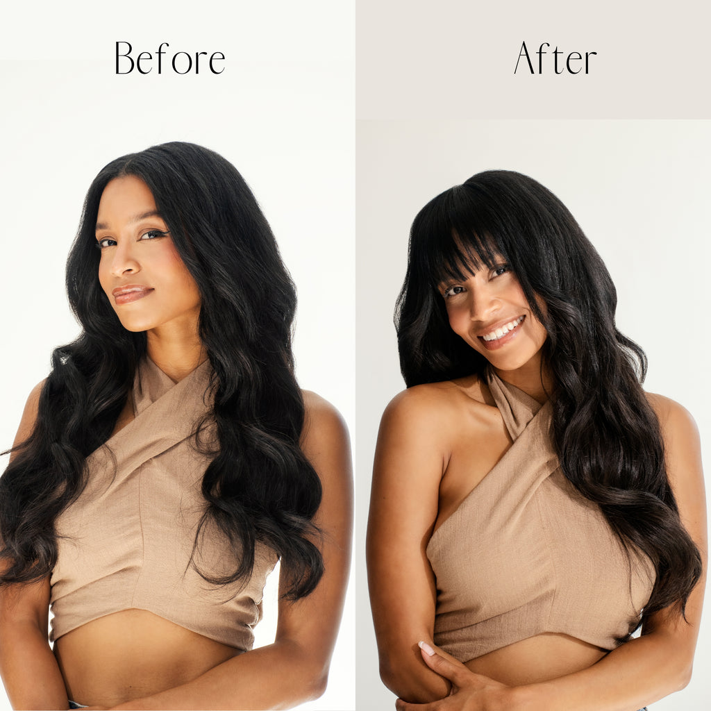 Before and after Frontrow clip-in bangs
