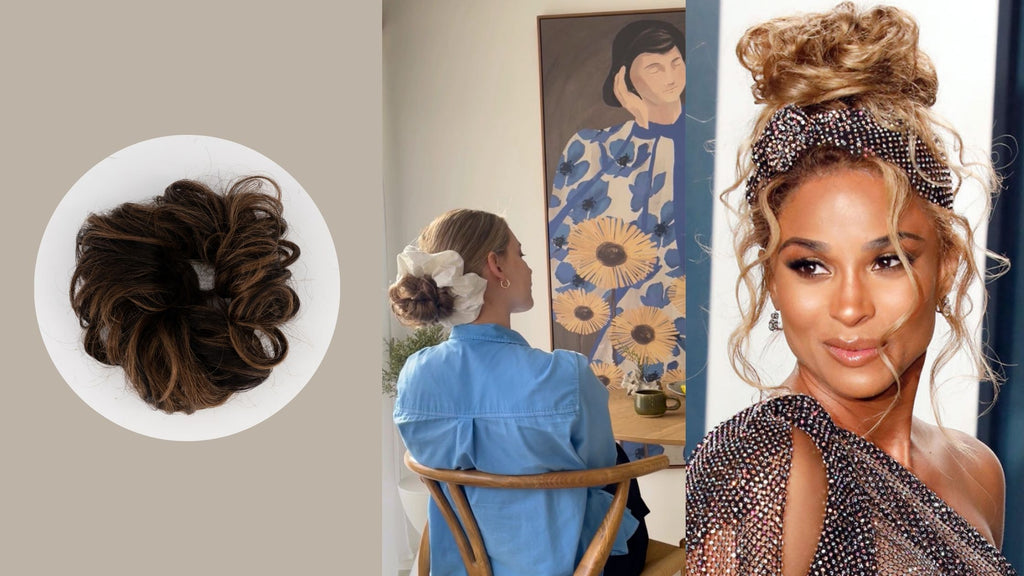Frontrow hair scrunchie human hair extensions product image next to a model image wearing the Frontrow hair scrunchie next to a red carpet reference image of Ciara with a messy bun hairstyle