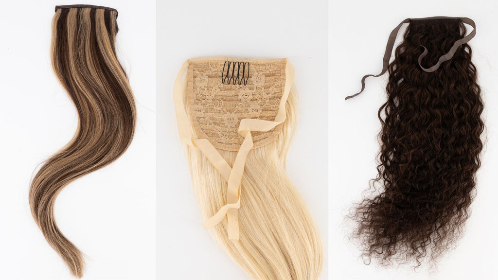 Product shot of Frontrow hair extensions clip-in ponytails in shade highlighted brown, light blonde and curly dark brown