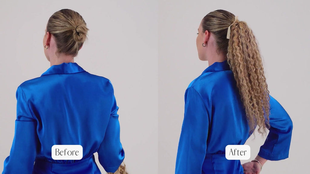 Before and after Frontrow curly clip-in ponytail hair extensions