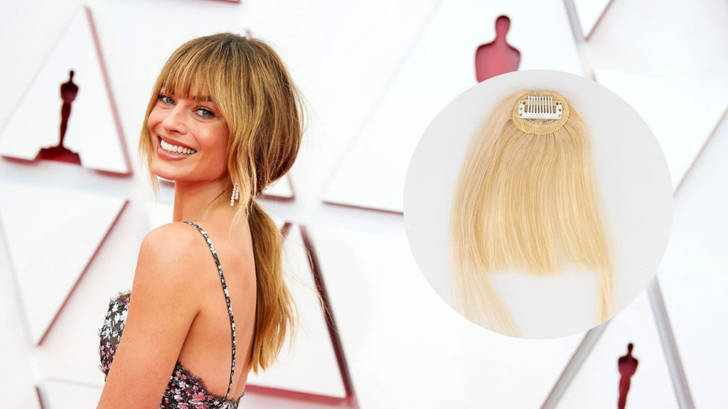 Margot Robbie red carpet look next to product image of Frontrow clip-in hair extensions clip-in bangs