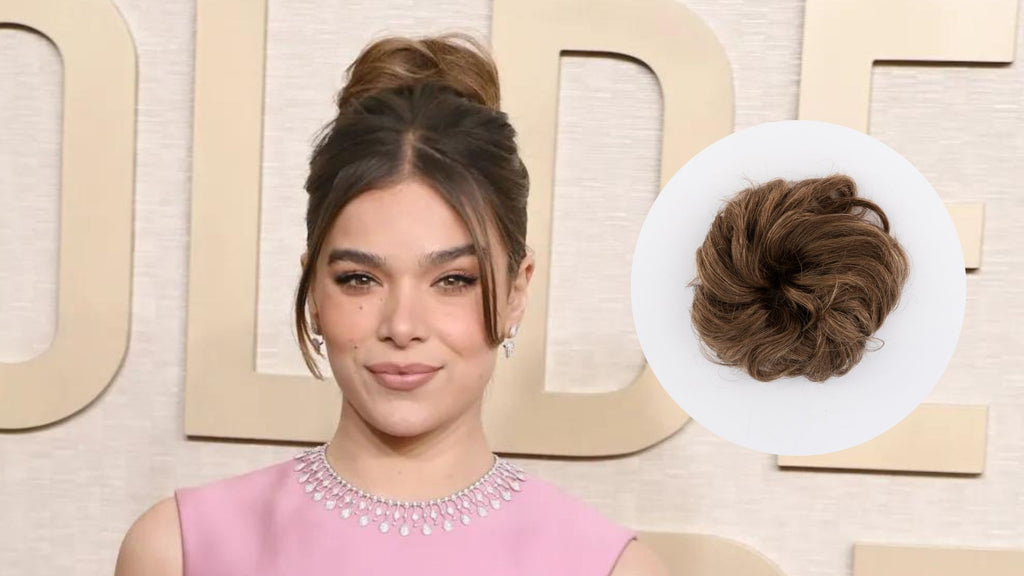 Hailee Steinfeld hairstyle look at Golden Globes 2024 next to product image of Frontrow clip-in human hair extensions hair scrunchie