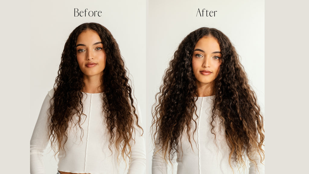 Before and after Frontrow curly clip-in extensions
