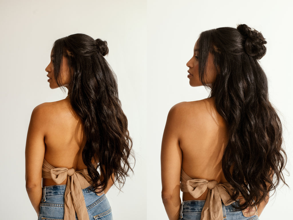 Before and after Frontrow hair scrunchie or clip-in bun