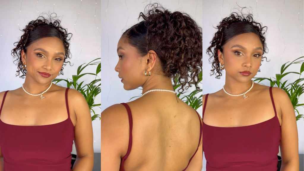 Model wearing Frontrow curly clip-in hair extensions in shade Mixed Chocolate to create festive updo hairstyle