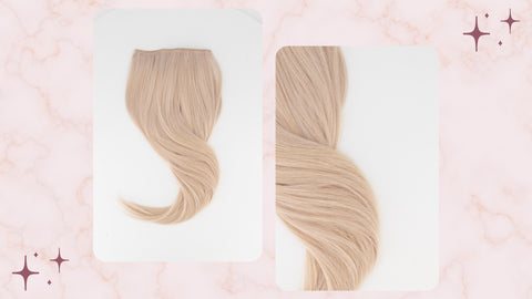 Image of Frontrow ash blonde clip-in hair extensions against pink background