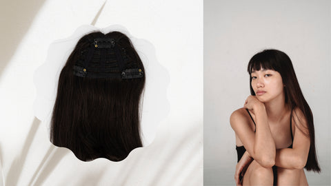 Product image of Frontrow clip-in bangs next to image of woman with bangs