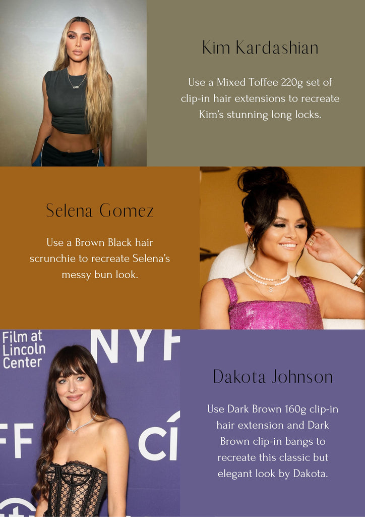 Infographic of celebrity hairstyles that can be recreated with Frontrow clip-in human hair extensions, including: Kim Kardashian, Selena Gomez and Dakota Johnson