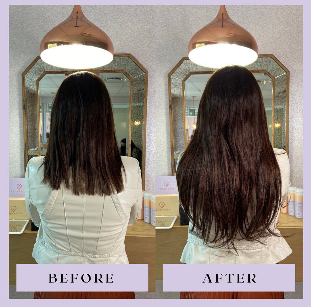 Image of customer before and after Frontrow clip-in hair extensions