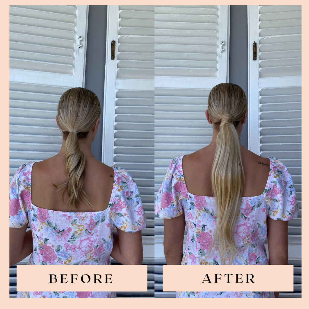 Image of before and after clip-in ponytail