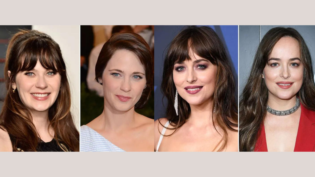 Zooey Deschanel and Dakota Johnson with and without bangs