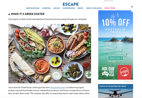 The Sunday Telegraph and www.Escape.com magazine feature Grecian Purveyor as the armchair travel in Australia and Greek Easter Feast