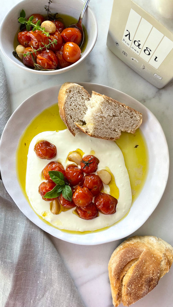 Olive oil, cherry tomatoes and feta recipe. Free Greek and Mediterranean recipes online by gourmet grocer online Grecian Purveyor. Buy the best cooking ingredients online in Sydney, Melbourne and Brisbane.
