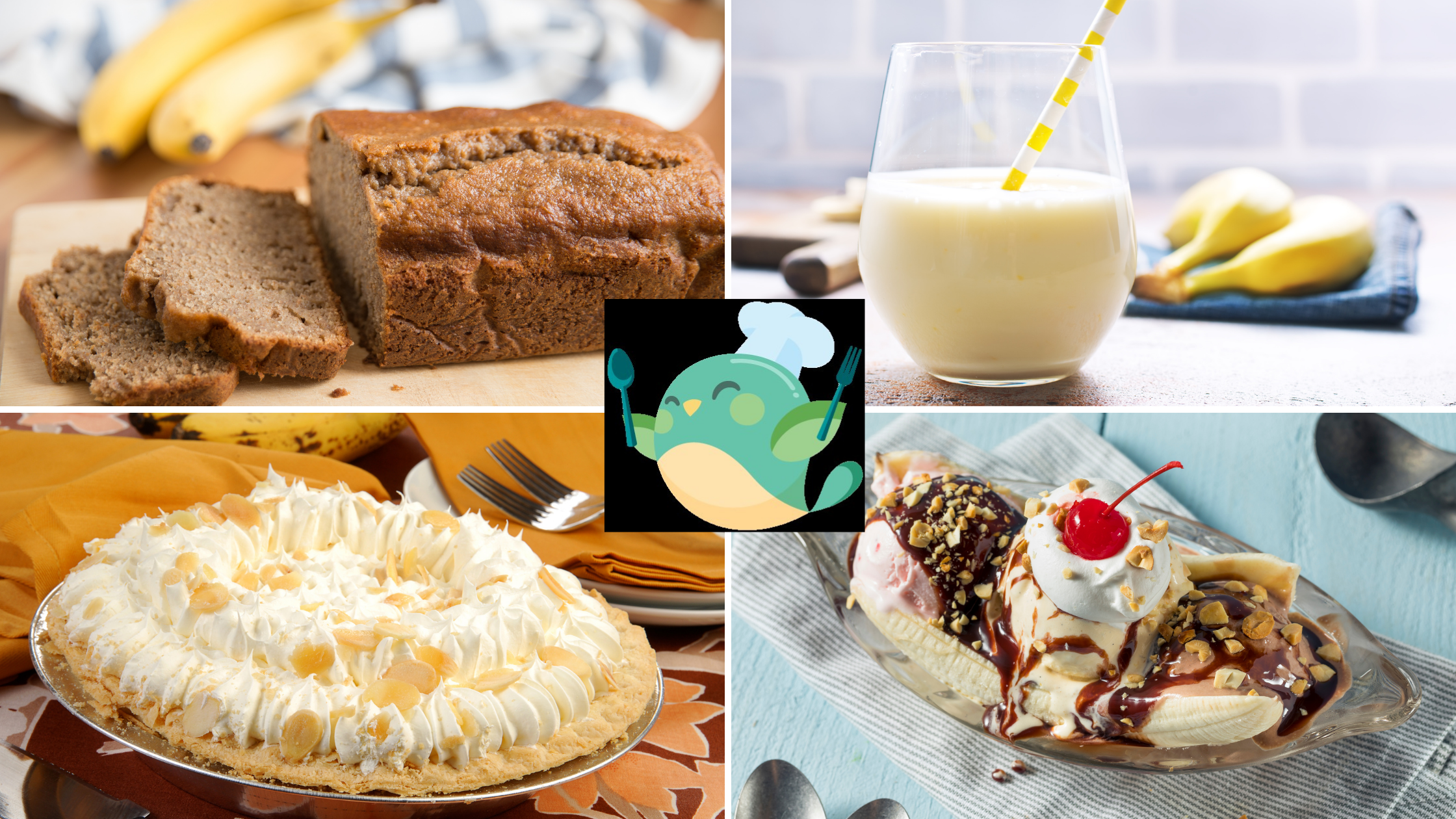 banana bread, banana smoothie, banana cream pie, banana split with eat2explore Mundo the bird in the center