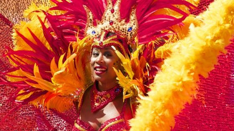 woman in pink and yellow feather costume Rio Carnival
