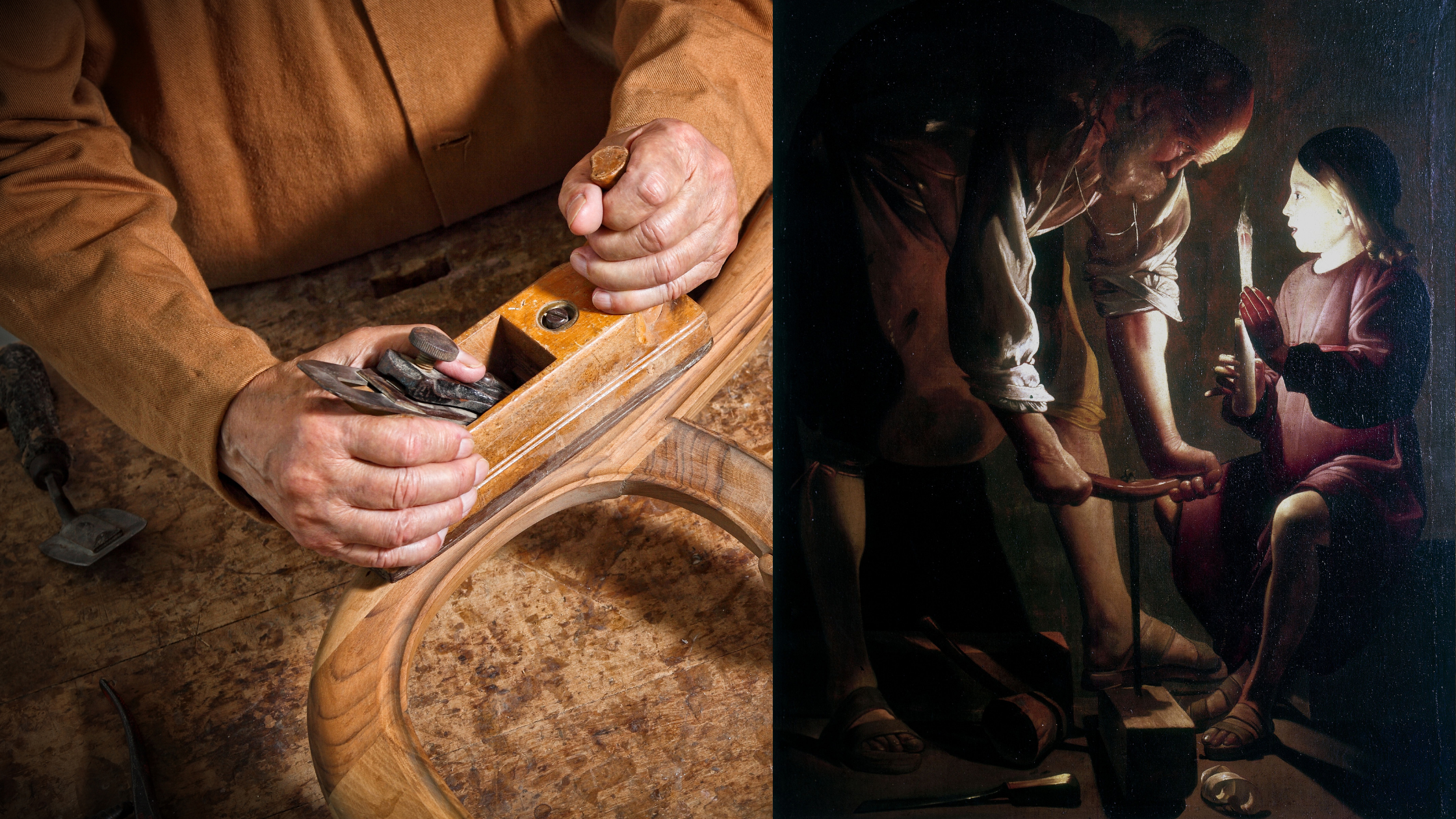 carpenter working on wood and painting of st joseph with a small child