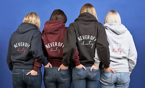 All four Never Off Duty hoodie colours