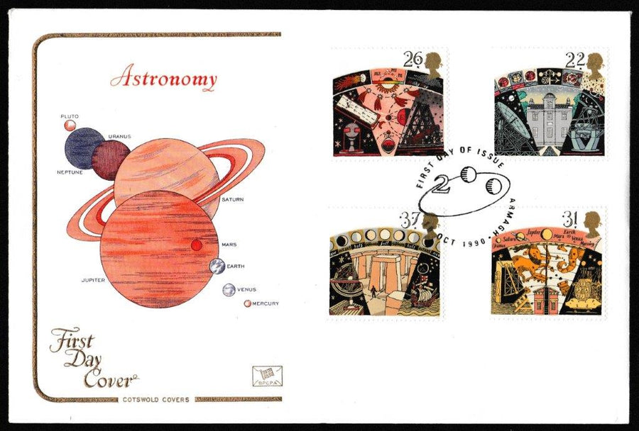 Great Britain First Day Cover - Mini Sheet, 'Centenary British Astronomical Assoc.', Cotswold, Armagh, 16-Oct-1990