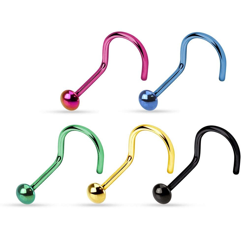 MoBody 5Pcs Nose Ring Screw Stud Set Surgical Steel Assorted Color Nose Pin Piercings 20G (0.8mm) - MoBodyJewelry.com