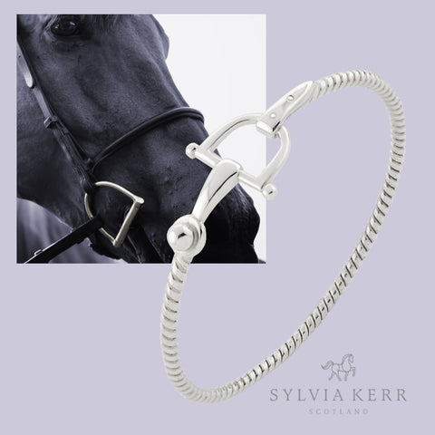 Solid silver designer horsebit bangle with horse image