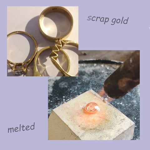 scrap gold being melted to redesign into new lily designer ring