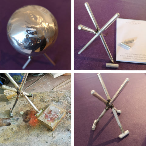four images of the feet being soldered onto silver trophy legs
