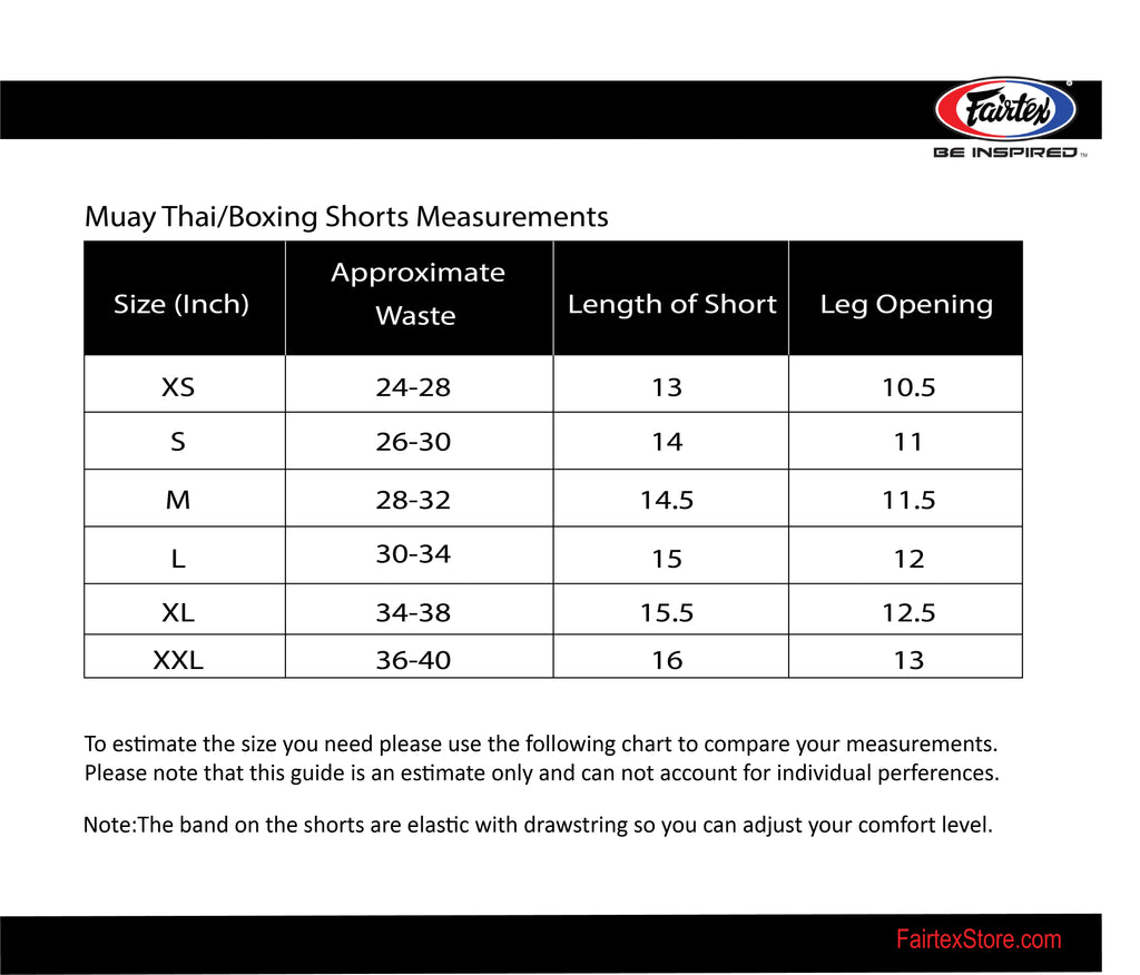 Fairtex Muay Thai Shorts Size Chart