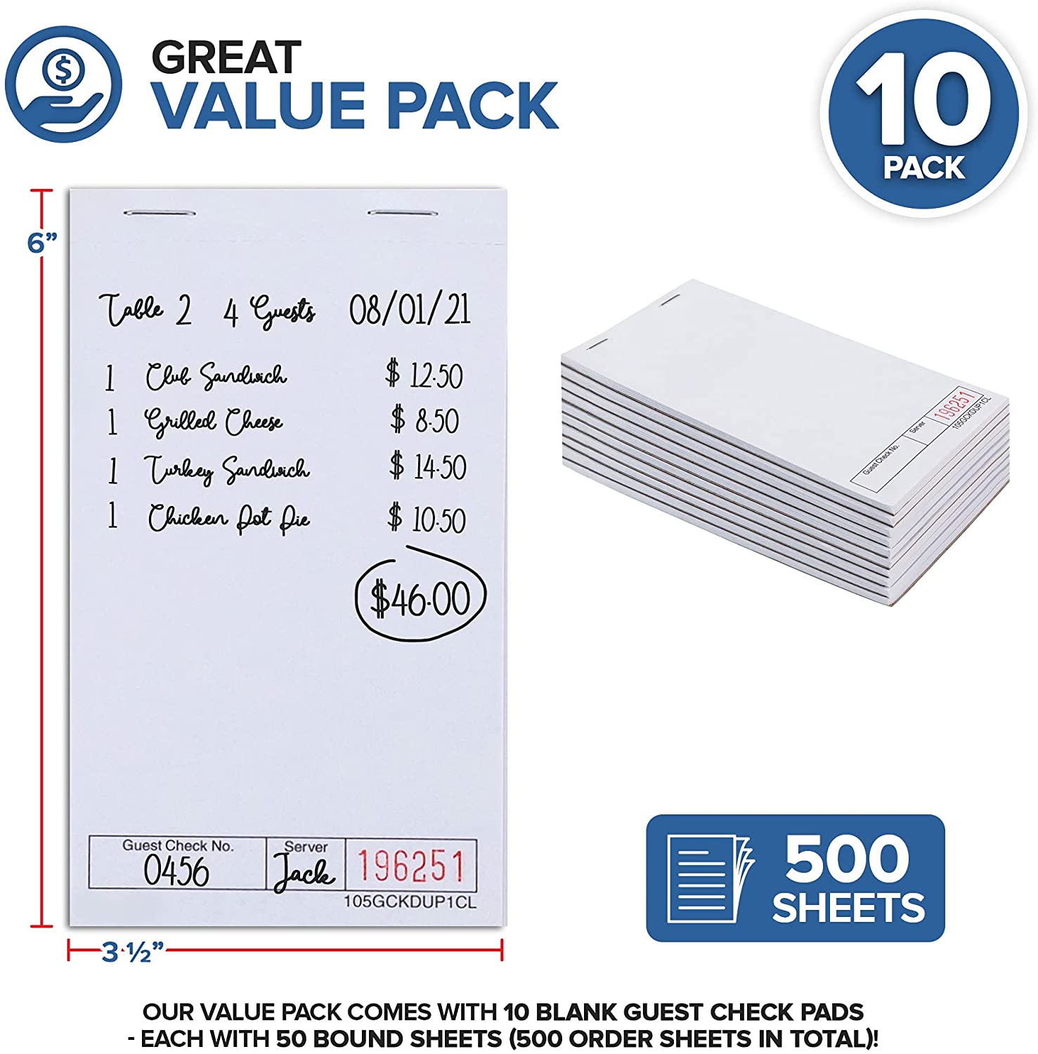 3.5 x 6 Blank White Guest Check Pads (10 Pack) - 1 Part White Paper Guest Check Pads - Detachable Checks - Numbered Server Notepads & Waitress Order Pads - Check Pads for Diners - Stock Your Home