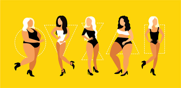 a digital illustration showing different women with different body shapes namely oval, round, triangle, inverted triangle. hourglass and rectangle.