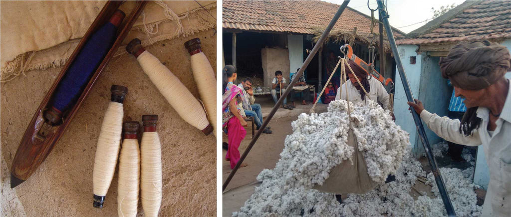 Rain Fed kala cotton being weighed and bobbins of it from khamir, kutch, gujarat in India. 