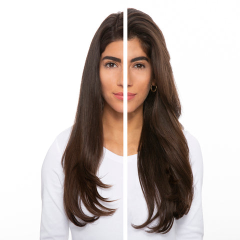 Woman showing the before and after result of rahua voluminous shampoo