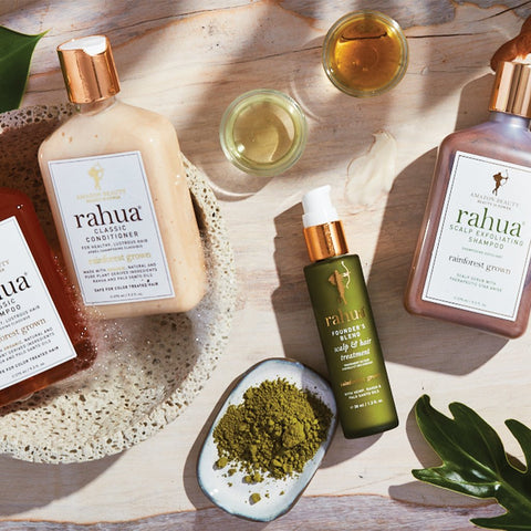 Rahua self care products having Classic shampoo and conditioner, scalp exfoliating shampoo and founder's blend hair treatment