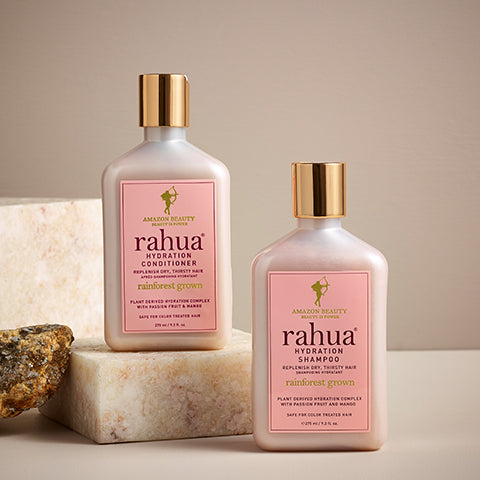 Rahua Hydration shampoo and conditioner placed on the Sea salt Cubes