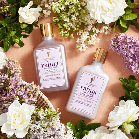 Rahua colorful shampoo and conditioner with variety of flowers