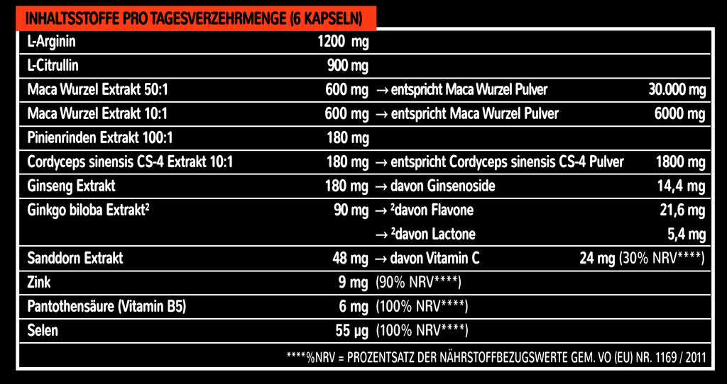 L-Arginin-L-Citrullin-Maca-schwarz-Pinienrindenextrakt-Cordyceps-Ginseng-Ginkgo-Sanddorn-Zink-VitaminB5-Selen