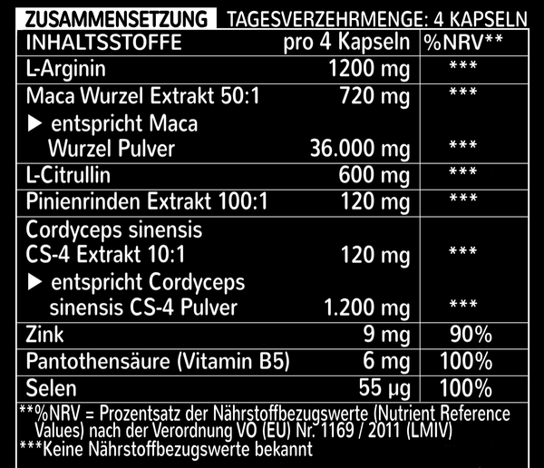 Inhaltsstoffe, Zutaten, Wirkung: Tostoron L-Arginin Mega Maca Extrakt hochdosiert L-Citrullin Pinienrindenextrakt Cordyceps sinensis Zink Vitamin B5 Selen