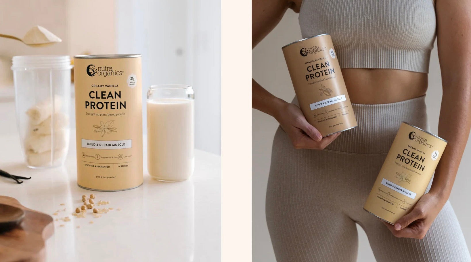 Woman in Activewear Carrying Nutra Organics Clean Protein