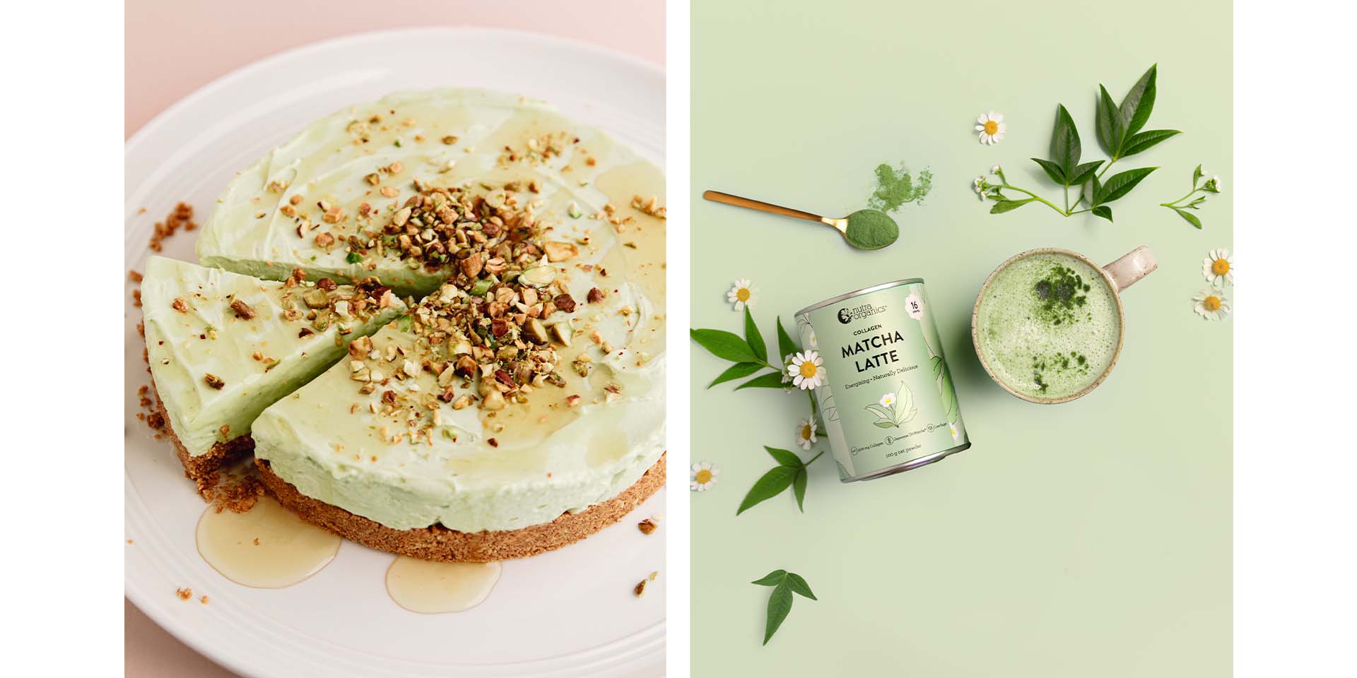 Collagen Matcha Latte with no bake cheesecake