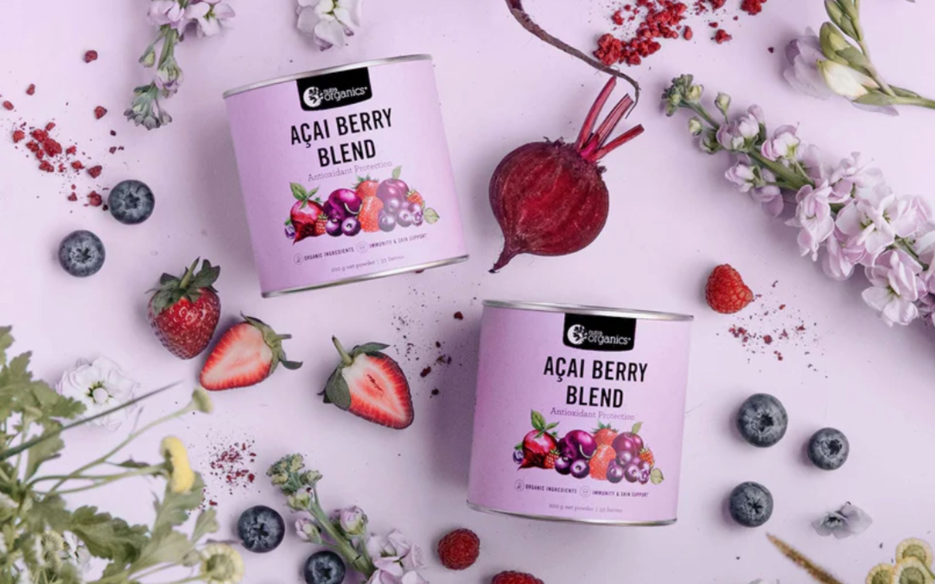 Acai Berry blend product surrounded by berries