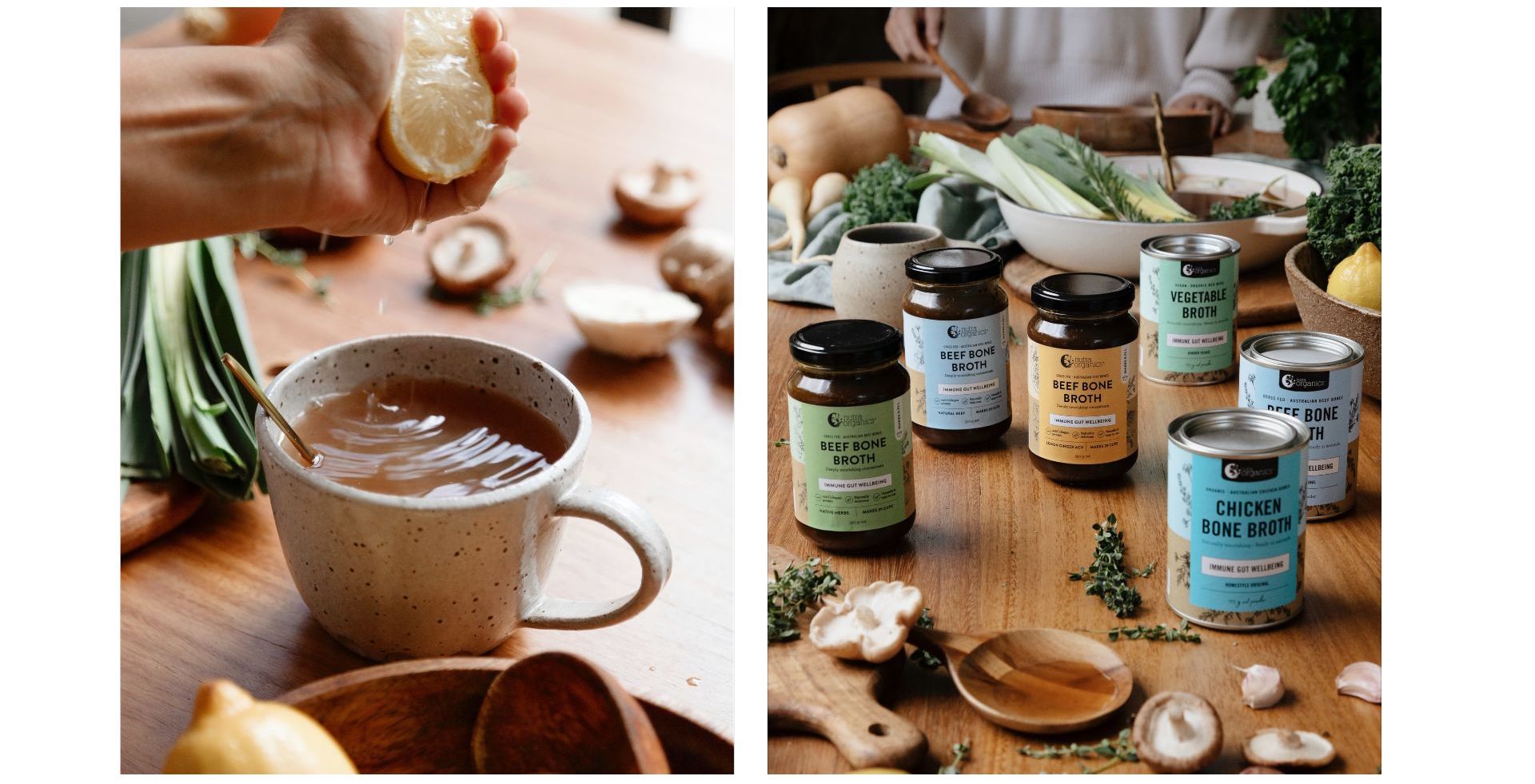 Nutra Organics Bone Broth Range with cup of broth & lemon