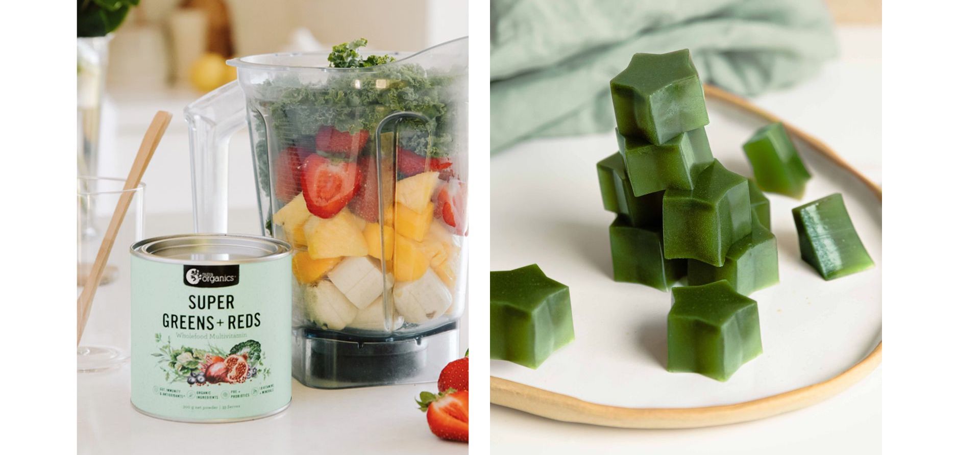 Nutra Organics Super Greens + Reds Powder and gummies