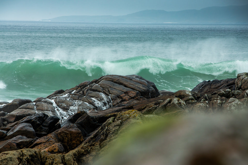 Upon Harris shores, stormy seas bringing seaweeds ashore.