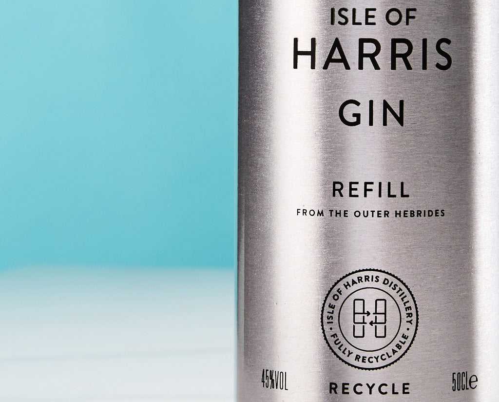 The recycled aluminium Isle of Harris Gin Refill bottle.