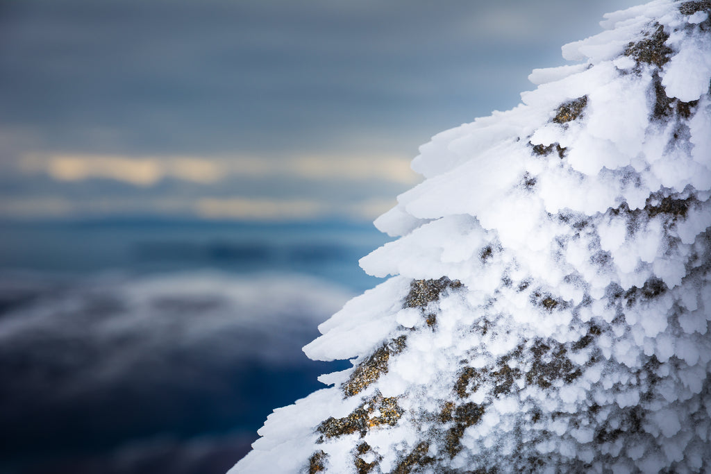 Wind-blown icicles defy gravity on the high peaks.